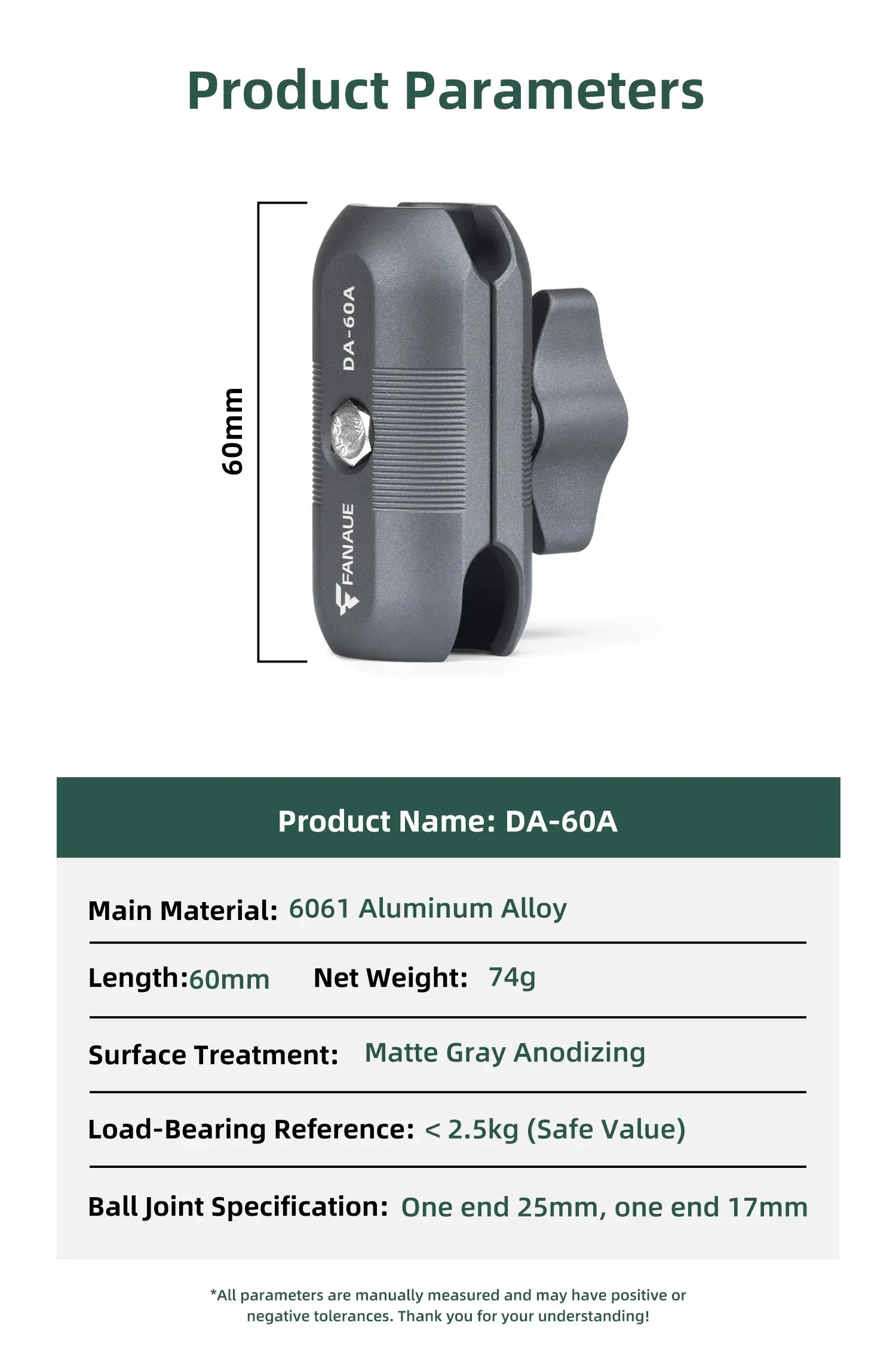 FANAUE DA-60A 60mm Double Socket Arm 25mm Ball to 17mm Ball_3