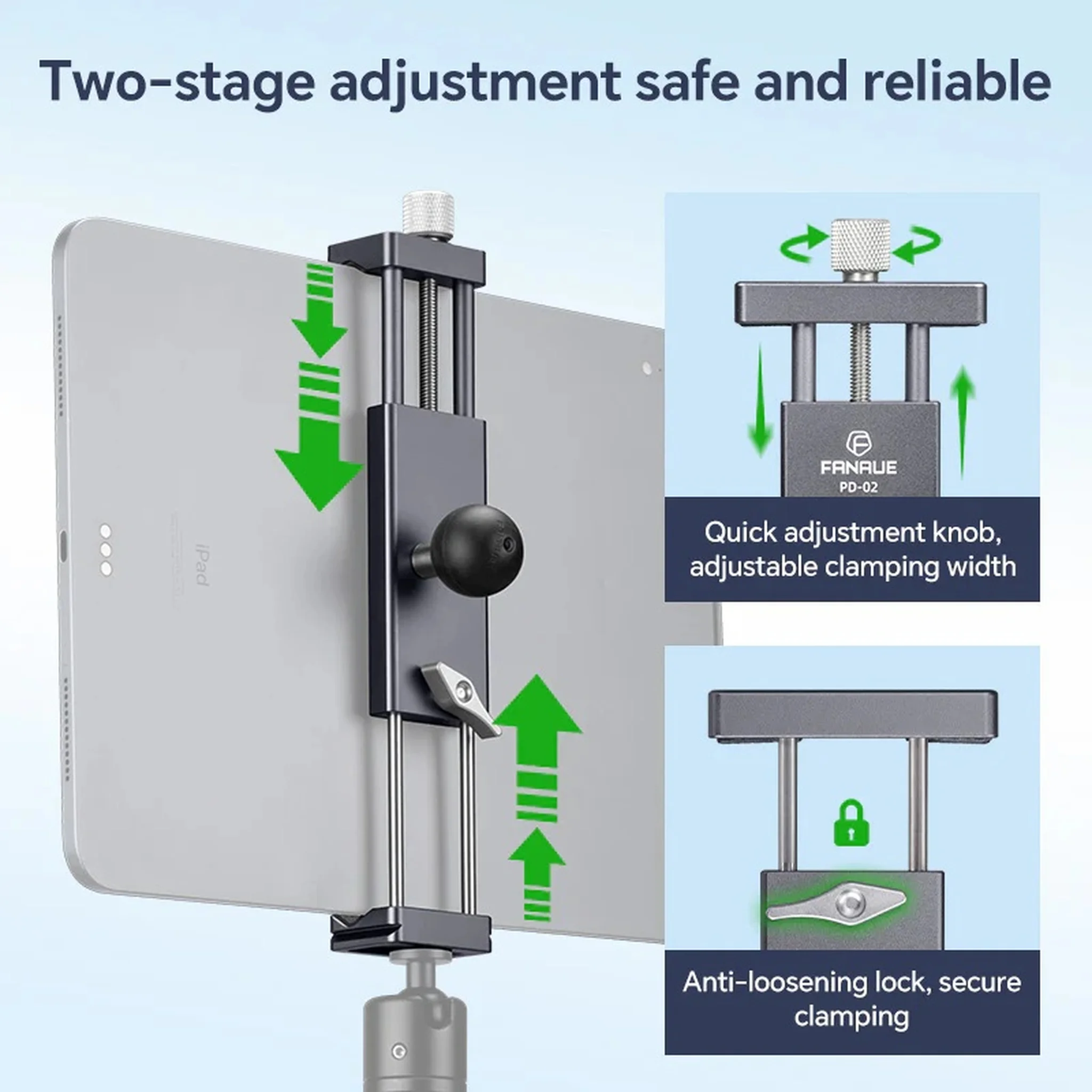 FANAUE Motorcycle/ Bike Tablet Mount, fits iPads with a width of 95–225mm.