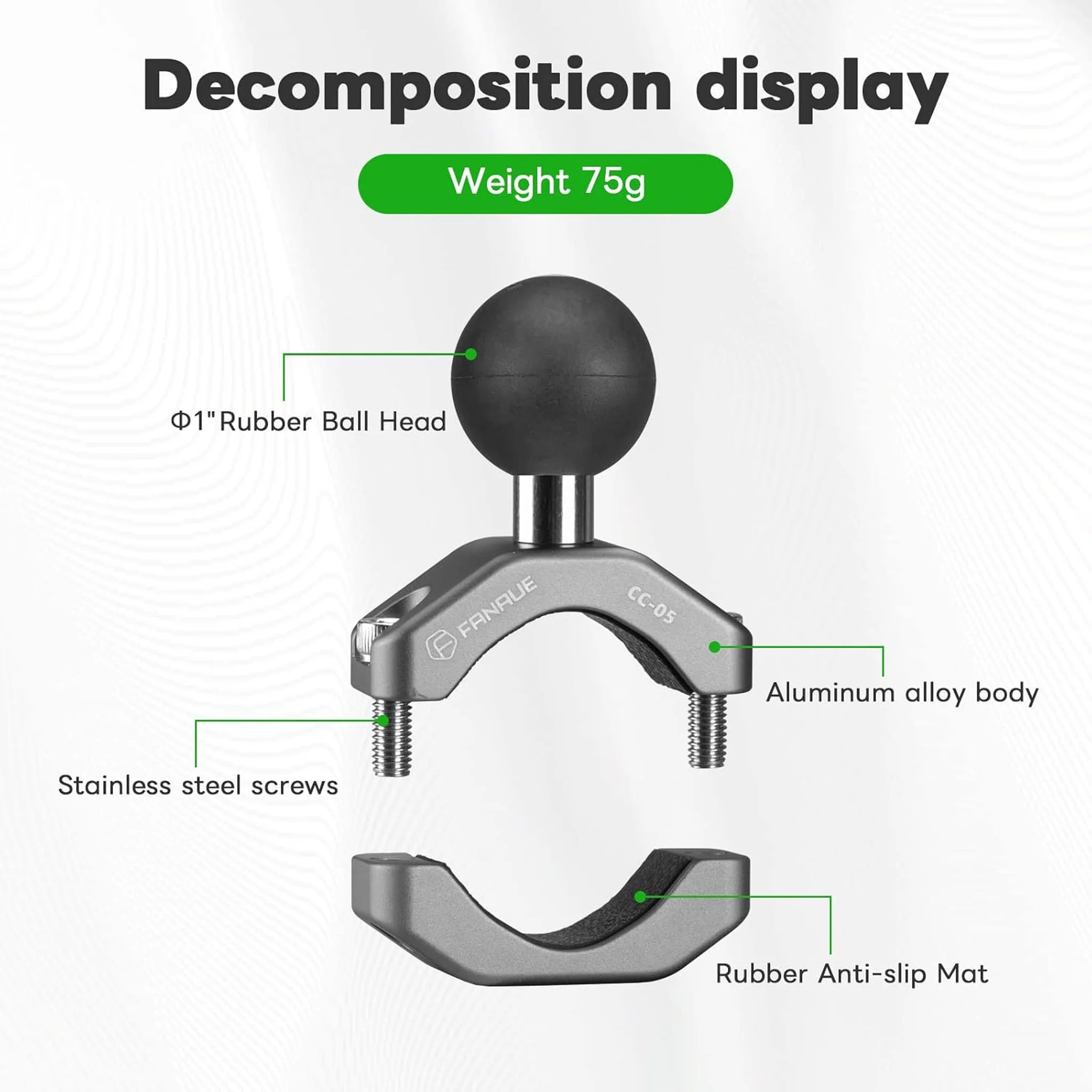 FANAUE Handlebar U-Bolt Base Clamp for Rails 0.85" to 1.14" in Diameter CC-05 Rod Clamp with B Size 1" Ball For RAM Mounts