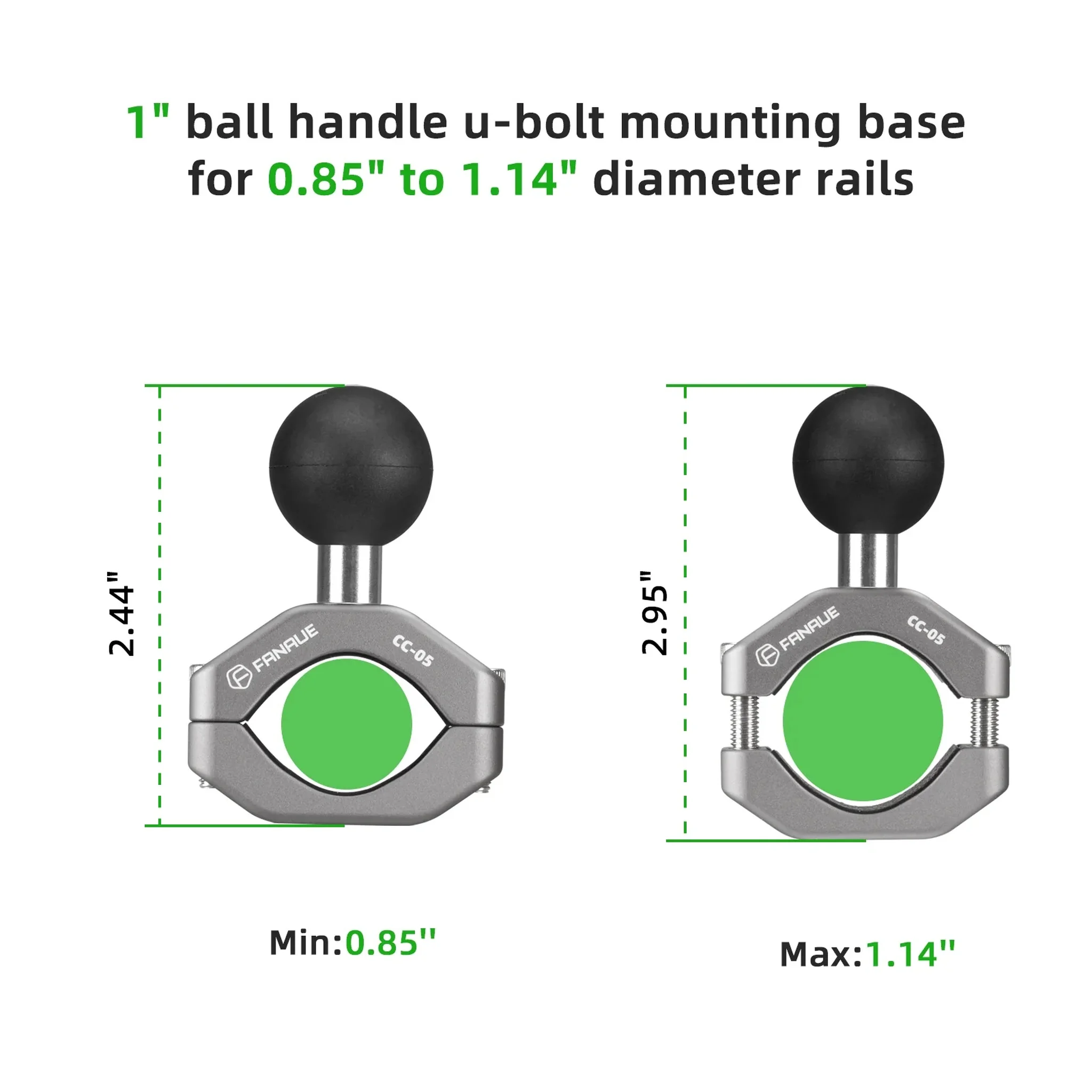 FANAUE Handlebar U-Bolt Base Clamp for Rails 0.85" to 1.14" in Diameter CC-05 Rod Clamp with B Size 1" Ball For RAM Mounts