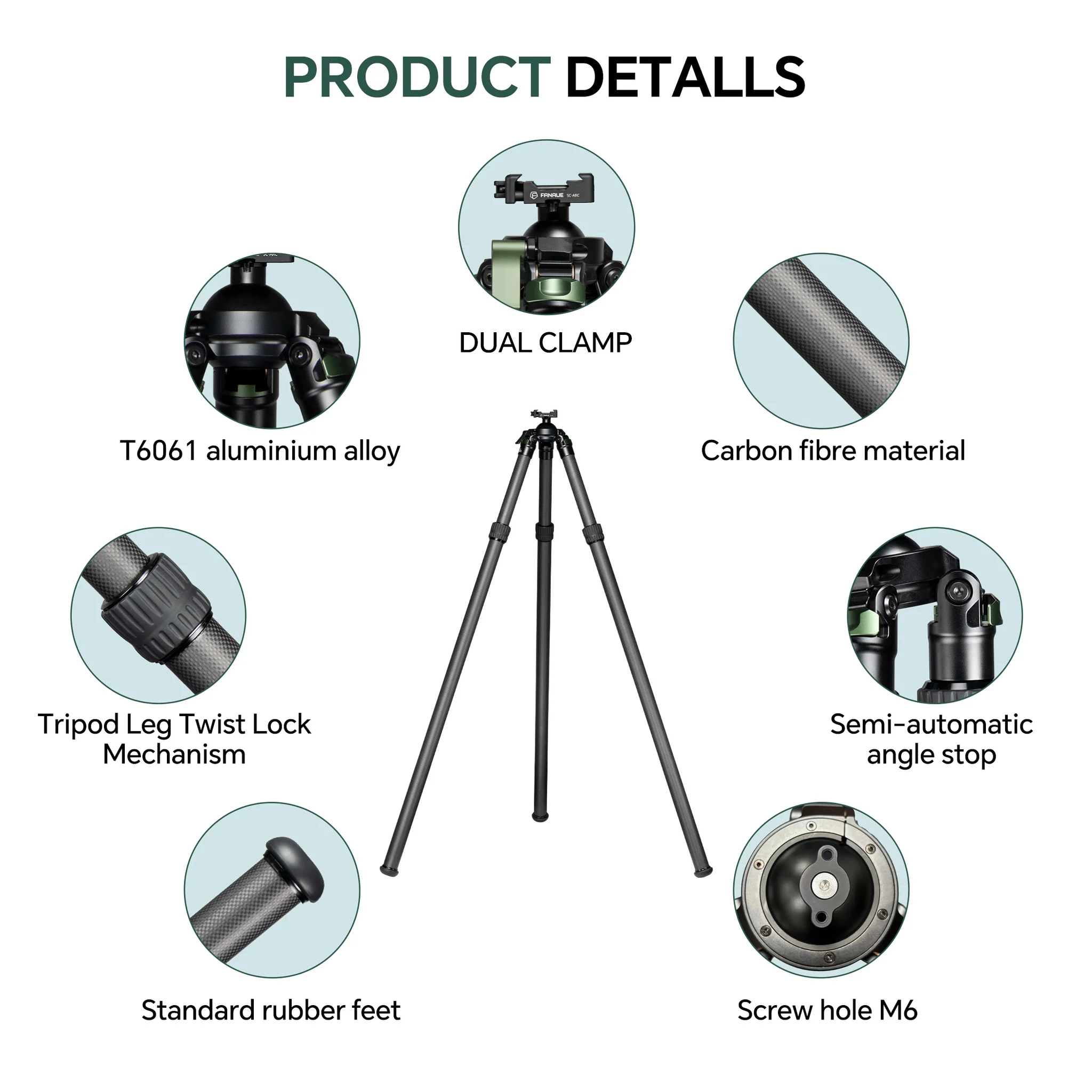 FANAUE Carbon Fiber Tripod With SC-ARC Clamp with Rotating Ball Head Adapter,Load 55.12lb/25kg