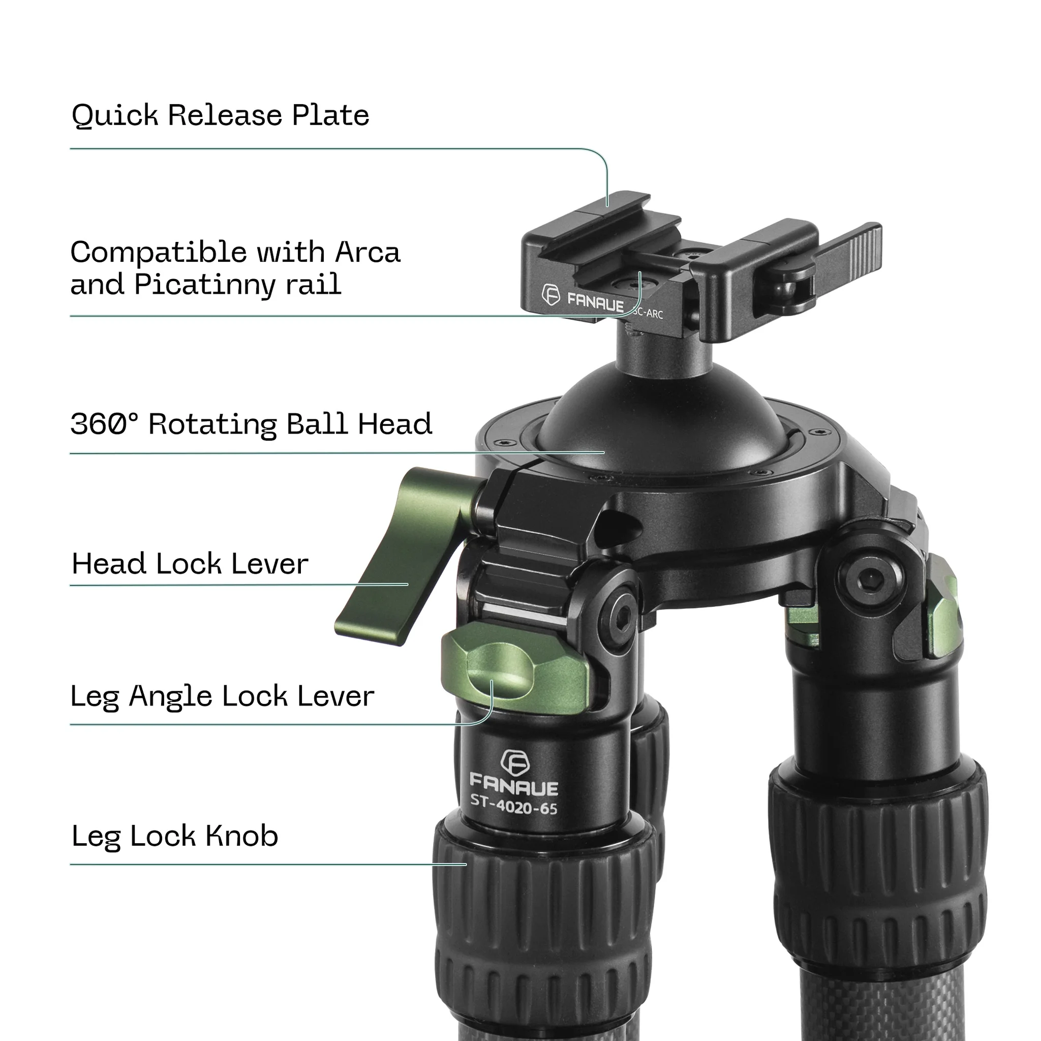 FANAUE Carbon Fiber Tripod With SC-ARC Clamp with Rotating Ball Head Adapter,Load 55.12lb/25kg