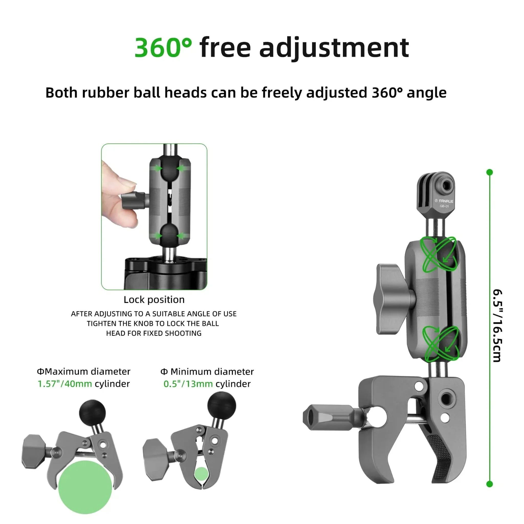 FANAUE Super Clamp Action Camera Mount,Monitor 360° Ballhead Magic Arm Double Ball Head Adapter