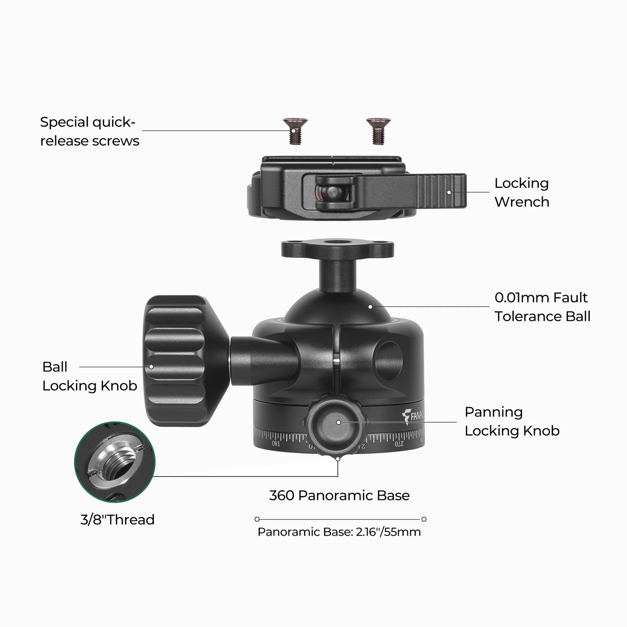 FANAUE XB-40T 360°Panning Ball head  for Tripod with Arca-Swiss Quick Release Plate (Base diameter 55 mm/2.16inch)