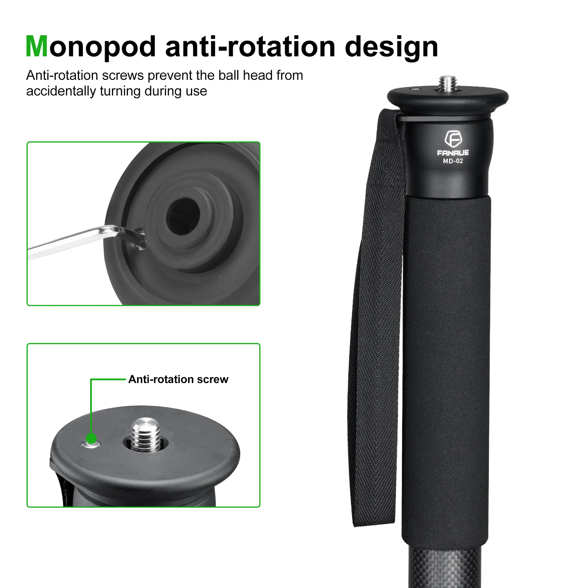 FANAUE MD-02 5-Section Carbon Fiber Monopod 32mm (1.26") diameter tube for DSLR Camera Hiking （Height:65.75 inch）