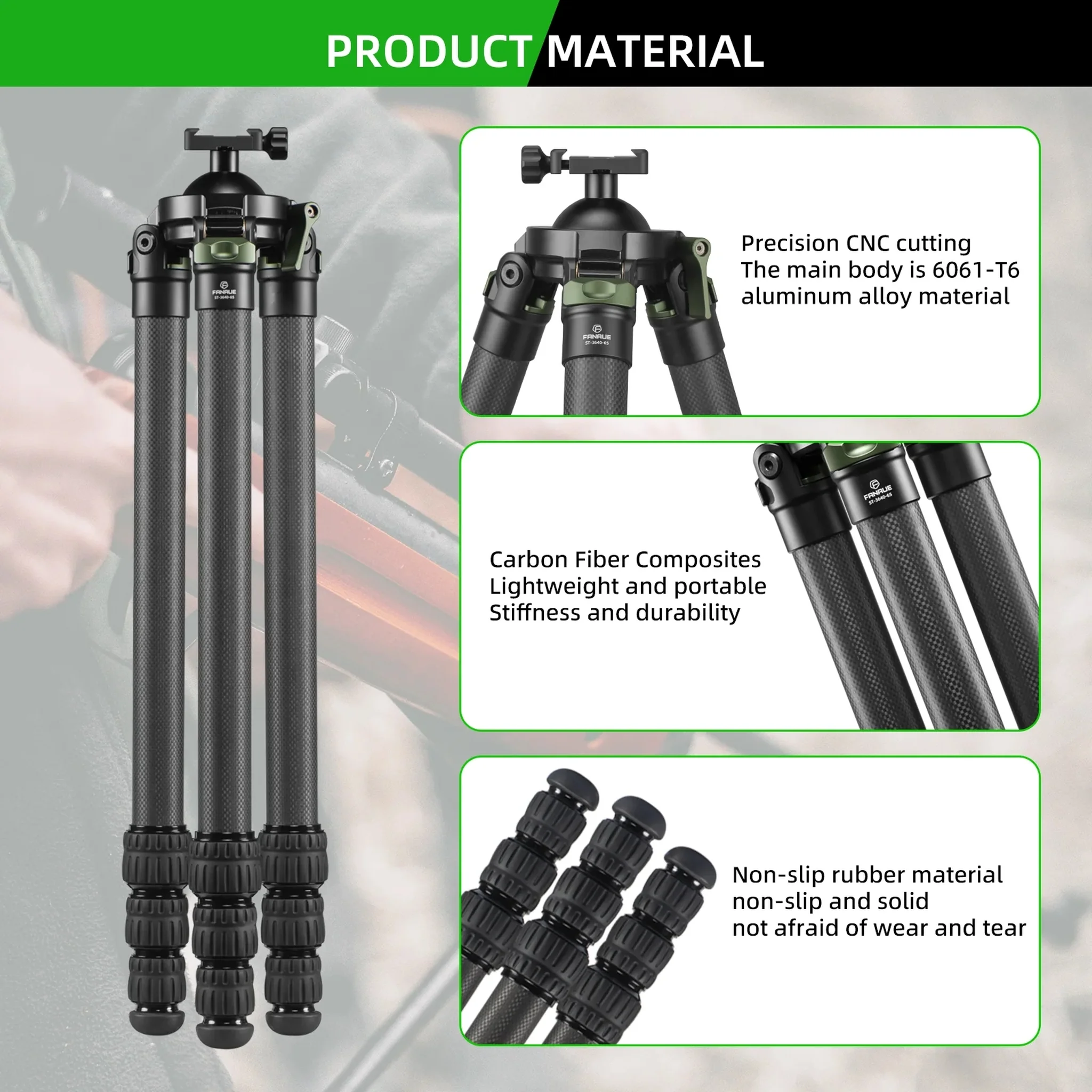 FANAUE ST-65 Carbon Fiber Tripod With Arca Swiss quick release plate clamp with Rotating Ball Head Adapter,Load 55.12lb/25KG