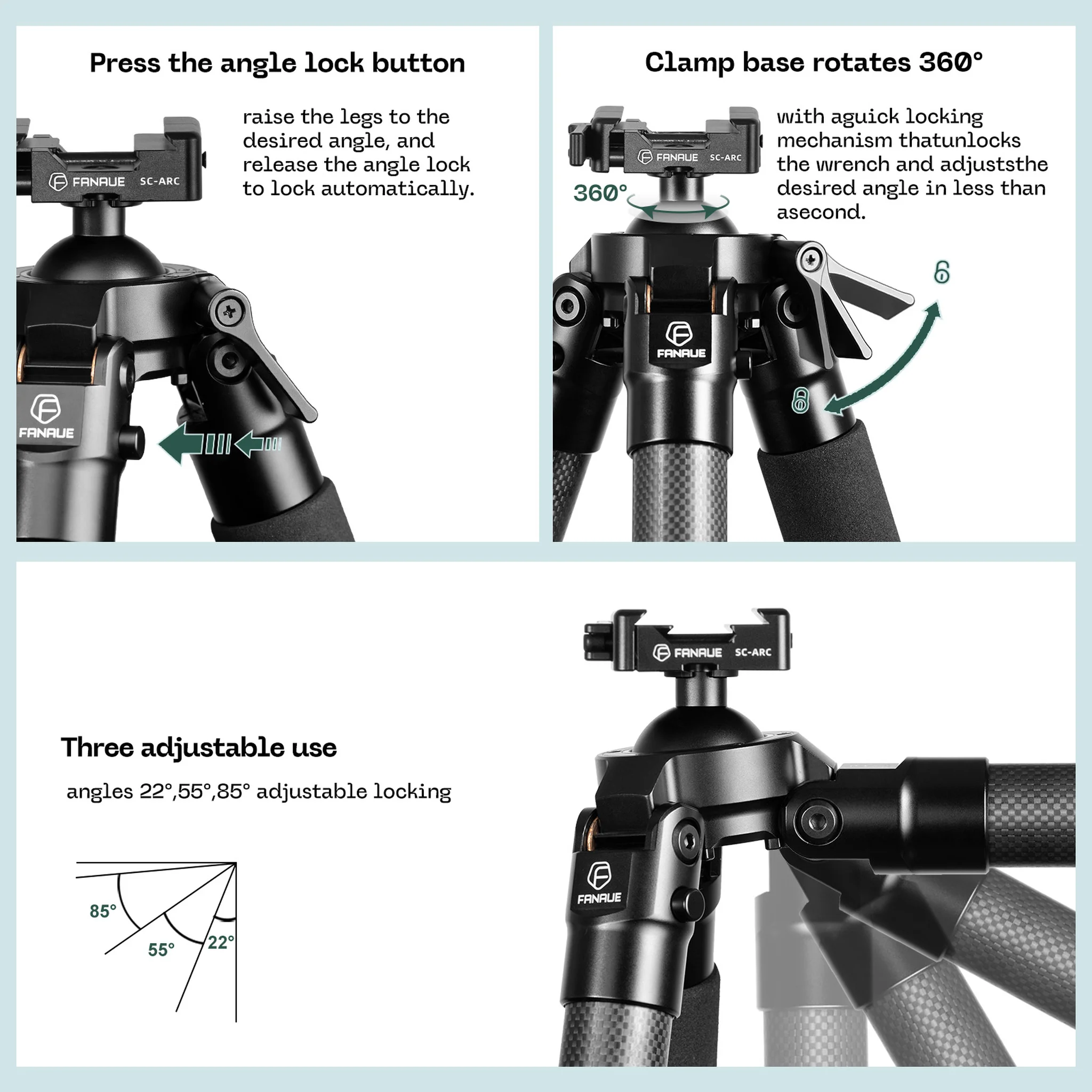 FANAUE HTC series Interted Carbon Fiber Tripod For Hunting Shooting,Compatible With Arca Swiss And Picatinny Rail (2/3 section,Load:30kg)