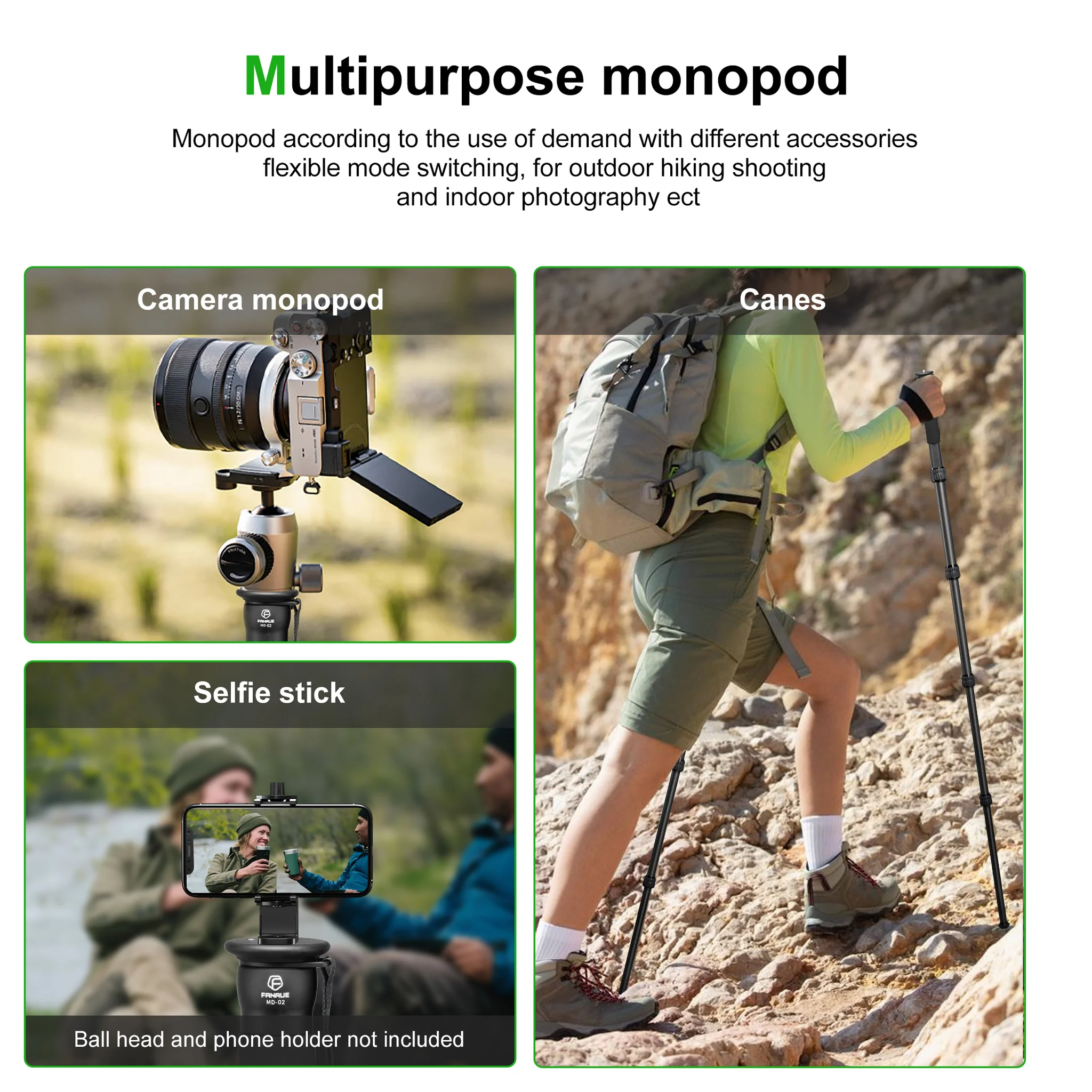 FANAUE MD-02 5-Section Carbon Fiber Monopod 32mm (1.26") diameter tube for DSLR Camera Hiking （Height:65.75 inch）